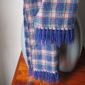 Tartan wool scarf; blue and gray with hints of green, red. Yarn fringe, 60x12
